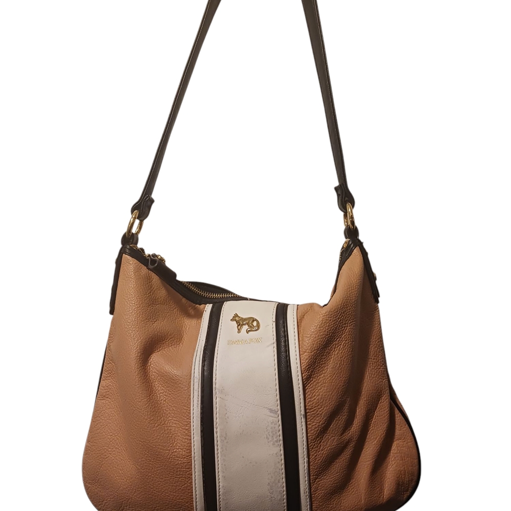Emma Fox Tan and White Leather Shoulder Bag with Racing Stripe